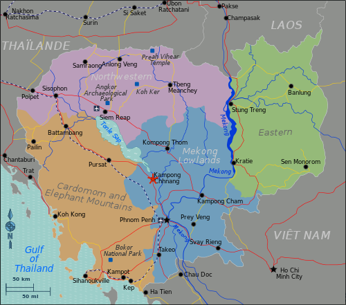 A map of Cambodia. Notice Kampong Chhnang (denoted by a red star) near the center of the country, just west of the Tonlé Sap river and proximal to KCEO's home village of Ang.